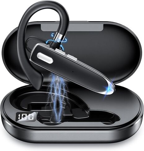 Bluetooth Headset V6.1 with 90Hrs Talk Time & 500mAh Charging Case, CVC 8.0 ENC Noise Cancelling Mic – Wireless Earpiece Single Ear Hands-Free Headphones for Office Trucker Driving Business - Black in Kuwait