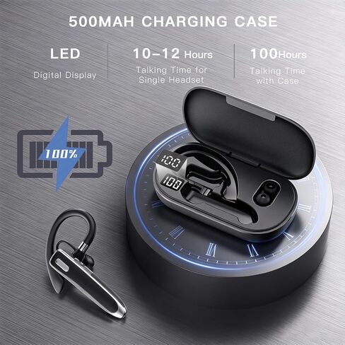 Bluetooth Headset V6.1 with 90Hrs Talk Time & 500mAh Charging Case, CVC 8.0 ENC Noise Cancelling Mic – Wireless Earpiece Single Ear Hands-Free Headphones for Office Trucker Driving Business - Black in Kuwait