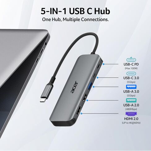 Acer 5-in-1 USB C Hub bunlde with USB C to HDMI 2.1 Cable 6.6FT (8K@60Hz 4K@240Hz) in Kuwait