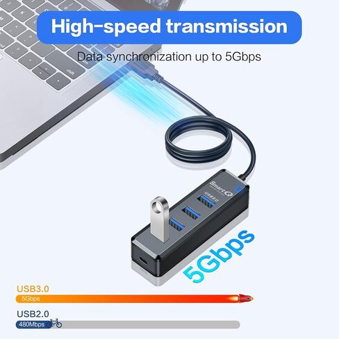 SmartQ 4-Port USB 3.0 Hub with 3-Foot Extension Cable, Compatible with Laptops, Windows PCs, Mac, Printers, External Hard Drives...… in Kuwait