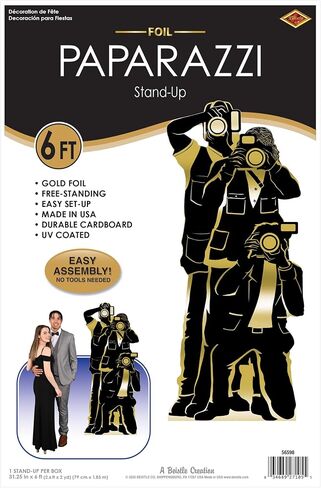 Beistle Paparazzi Stand-Up – Life-Size Gold Foil Photo Op Decoration, Freestanding Hollywood Cutout for Awards Nights, Red Carpet Events, Casino Themes, Photo Booth Props & Party Displays, 6' x 31¼" in Kuwait