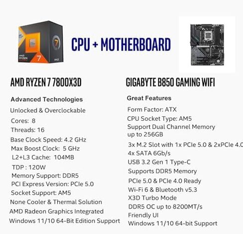 Micro Center CPU Motherboard Memory Combo: AMD Ryzen 7 7800X3D CPU Processor + GIGABYTE B850 Gaming Motherboard + KLEVV Urbane V RGB DDR5 32GB 6000MHz CL30 Ram Memory White in Kuwait