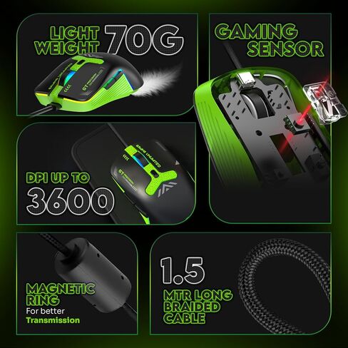 Clutch GT500 Wired Gaming Mouse with 3600 DPI Precision Sensor 70g Ultra-Light Ergonomic 6-Programmable Buttons Rainbow Breathing Effect 1.5m Braided Cable in Kuwait