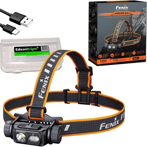 Fenix HM60R V2.0 1600 Lumens Rechargeable Headlamp, Spotlight & Floodlight with Red Light, Lightweight for Camping, Hiking, Caving, Construction w/EdisonBright Acc case in Kuwait