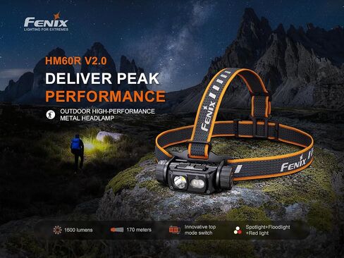 Fenix HM60R V2.0 1600 Lumens Rechargeable Headlamp, Spotlight & Floodlight with Red Light, Lightweight for Camping, Hiking, Caving, Construction w/EdisonBright Acc case in Kuwait