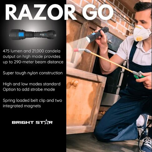 Bright Star Razor Go LED Flashlight, 21,000 Candela All‑Purpose Utility Light, 24‑Hour Runtime, Magnetic Hands‑Free Base, Heavy‑Duty Work Light, AA Batteries Included, Made in USA in Kuwait
