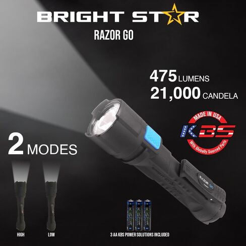 Bright Star Razor Go LED Flashlight, 21,000 Candela All‑Purpose Utility Light, 24‑Hour Runtime, Magnetic Hands‑Free Base, Heavy‑Duty Work Light, AA Batteries Included, Made in USA in Kuwait