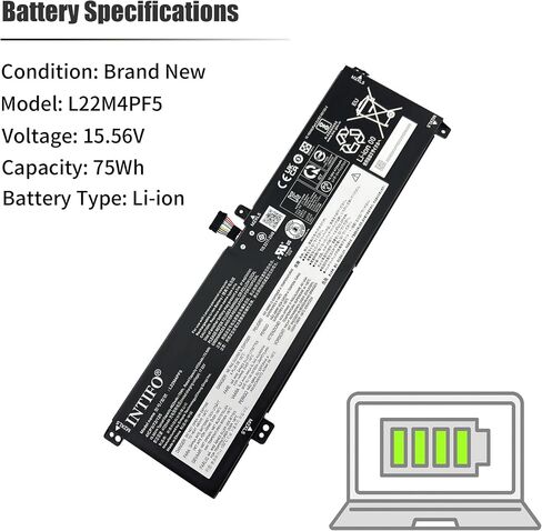 75Wh L22M4PF5 L22B4PF5 Laptop Battery Compatible with Lenovo IdeaPad Pro 5-16APH8 5-16ARP8 5-16IRH8 Yoga Slim Pro 9-16IRP8 L22D4PF5 L22X4PF5 SB11K24765 5B11K24773 Gen[15.56V 4822mAh 4-Cell] in Kuwait