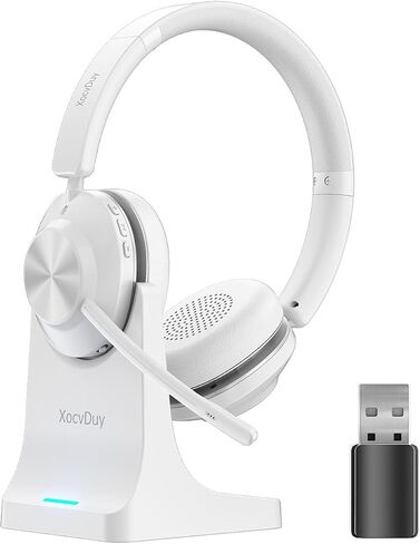 Bluetooth Headset, Wireless Headset with Mic for Work, Bluetooth 5.3, Wireless Headphones with AI Noise Cancelling Microphone (Clear Calls & Mic Mute), USB Dongle, for Computer/PC(White) in Kuwait