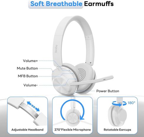 Bluetooth Headset, Wireless Headset with Mic for Work, Bluetooth 5.3, Wireless Headphones with AI Noise Cancelling Microphone (Clear Calls & Mic Mute), USB Dongle, for Computer/PC(White) in Kuwait