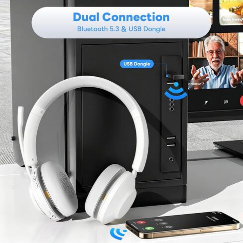 Bluetooth Headset, Wireless Headset with Mic for Work, Bluetooth 5.3, Wireless Headphones with AI Noise Cancelling Microphone (Clear Calls & Mic Mute), USB Dongle, for Computer/PC(White) in Kuwait