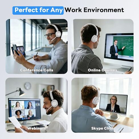 Bluetooth Headset, Wireless Headset with Mic for Work, Bluetooth 5.3, Wireless Headphones with AI Noise Cancelling Microphone (Clear Calls & Mic Mute), USB Dongle, for Computer/PC(White) in Kuwait