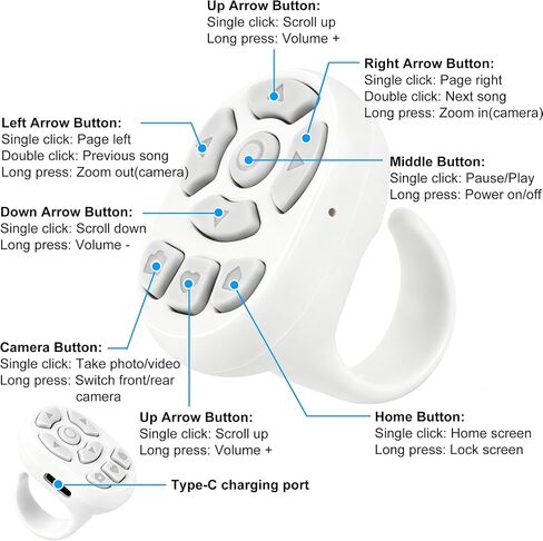 Finger Ring Mouse Mini Wearable Bluetooth Remote Control Scrolling Ring Thumb Mouse Portable Travel Wireless Handheld Air Mouse for Smartphone iPad Tablet for Page Turn Take Photo Watch Video, White in Kuwait