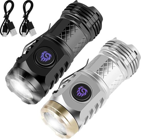 2Pcs Three-Eyed Monster Mini Flashlight, German Three-Eyed Monster Mini Flash Super Power Flashlight, Pocket Flashlight with Clip, Torch LED Flashlight, Portable Pocket Torch (Black+Silver) in Kuwait