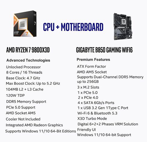 Micro Center CPU Motherboard Memory Combo: AMD Ryzen 7 9800X3D CPU Processor + Gigabyte B850 Gaming WIFI6 Motherboard + KLEVV Bolt V DDR5 32GB (2x16GB) 6000MHz CL30 Desktop Ram Memory White in Kuwait