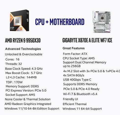 Micro Center CPU Motherboard Memory Combo: AMD Ryzen 9 9950X3D CPU Processor + GIGABYTE X870E AORUS Elite WIFI7 ICE Motherboard+ KLEVV Bolt V DDR5 32GB (2x16GB) 6400MHz CL30 Ram Memory White in Kuwait