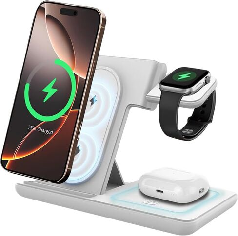 3 in 1 Wireless Charging Station for iPhone Products, Magnetic Wireless Charger for iPhone 16 15 14 13 12 Series iwatch and AirPods, Fast Charging Stand for Multiple Devices in Kuwait