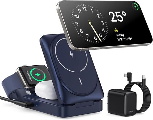 3 in 1 Wireless Charger Station for iPhone, 2026 Upgraded Travel Foldable Magnetic 15W Fast Wireless Charging Stand for Mag-Safe with 30W USB C Adapter for iPhone 17/16/15/14/13/12,Apple Watch,AirPods in Kuwait