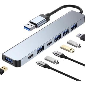Aluminum 7 in 1 USB Hub, Multiport USB Splitter Adapter with 5 USB & 2 USBC Ports for MacBook, ipad, Laptop, PS4, Flash Drive, HDD, Xbox, Printer, Mouse, Keyboard, HP in Kuwait