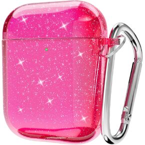 Svanove for Airpods Case Clear Glitter، حافظة Airpods اللطيفة اللامعة اللامعة من الجيل الأول مع سلسلة مفاتيح، غطاء صلب Girly Y2k Aesthetic Airpods Cover Accessories للنساء والفتيات، وردي فاقع نيون in Kuwait