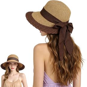 Sun Hats for Women, Packable Beach Straw Hats with Bow and Windproof Rope, Foldable Wide Brim Summer Hat for Outdoor in Saudi Arabia