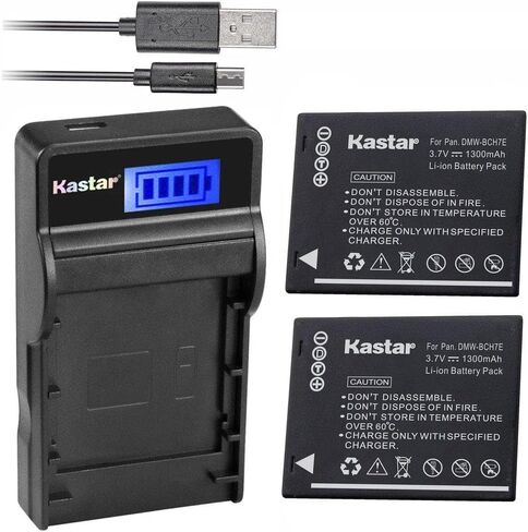 Kastar Battery (X2) & Slim LCD Charger for Panasonic DMW-BCH7, DMW-BCH7PP, DMW-BCH7E, DE-A76 and Panasonic Lumix DMC-FP1, DMC-FP2, DMC-FP3, DMC-FT10, DMC-TS10 Cameras in Kuwait