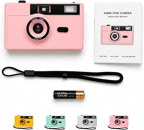 LENSY 35mm Film Camera – Reusable, Point and Shoot, Focus Free, Built-in Flash, Easy to Use for Beginners & Kids – Batteries & Wrist Strap Included (Pink) in Kuwait