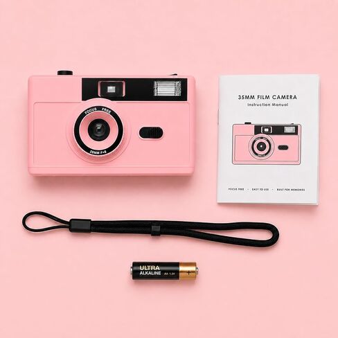 LENSY 35mm Film Camera – Reusable, Point and Shoot, Focus Free, Built-in Flash, Easy to Use for Beginners & Kids – Batteries & Wrist Strap Included (Pink) in Kuwait