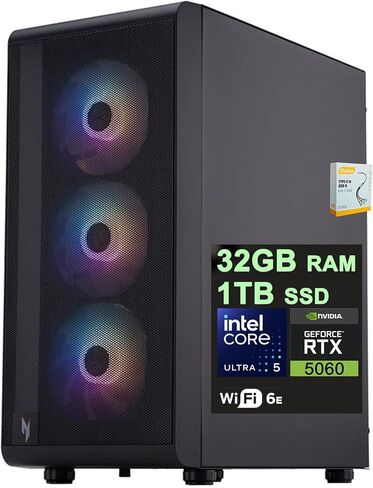 Acer Nitro 60 Gaming AI Desktop | Intel 10-core Ultra 5 225F | 32GB DDR5 1TB SSD | GeForce RTX 5060 GDDR7 DLSS4 (Up to 614 AI Tops) | DisplayPort Wi-Fi6E Win11 w/DLCA Accessory in Kuwait