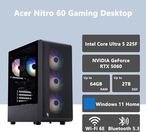 Acer Nitro 60 Gaming AI Desktop | Intel 10-core Ultra 5 225F | 32GB DDR5 1TB SSD | GeForce RTX 5060 GDDR7 DLSS4 (Up to 614 AI Tops) | DisplayPort Wi-Fi6E Win11 w/DLCA Accessory in Kuwait