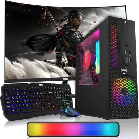 Dell OptiPlex Desktop PC – Intel Core i5, 16GB ARGB RAM, 1TB SSD, 32 Inch Curved Monitor, RGB Keyboard with AI Copilot Key and Mouse, RGB Soundbar, Windows 11 Home (Renewed) in Kuwait