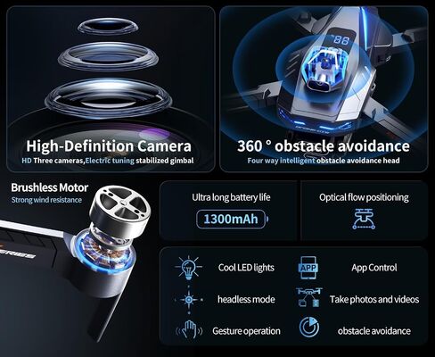 Foldable Drone for Adults, GT8 RC FPV Quadcopter with Triple HD Camera, 360° Intelligent Obstacle Avoidance, Optical Flow Hover Brushless Drone, LCD Screen Remote Control, Gesture Shooting Mini Aerial Photography Drone for Beginners Outdoor Travel in Kuwait
