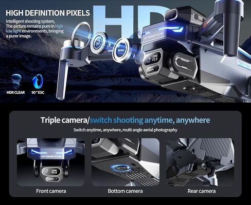 Foldable Drone for Adults, GT8 RC FPV Quadcopter with Triple HD Camera, 360° Intelligent Obstacle Avoidance, Optical Flow Hover Brushless Drone, LCD Screen Remote Control, Gesture Shooting Mini Aerial Photography Drone for Beginners Outdoor Travel in Kuwait