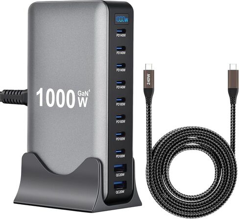 Famous Tech Shop 1000W GaN 10-Port USB-C Charging Station with 240W Cable, Fast Desktop Charger for Laptops, Tablets, Phones, Gaming Consoles in Kuwait