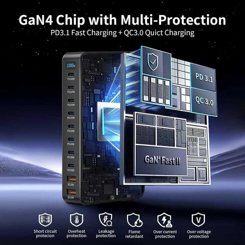 Famous Tech Shop 1000W GaN 10-Port USB-C Charging Station with 240W Cable, Fast Desktop Charger for Laptops, Tablets, Phones, Gaming Consoles in Kuwait