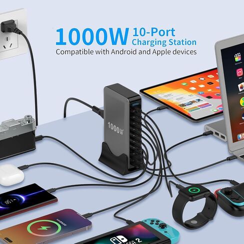 Famous Tech Shop 1000W GaN 10-Port USB-C Charging Station with 240W Cable, Fast Desktop Charger for Laptops, Tablets, Phones, Gaming Consoles in Kuwait