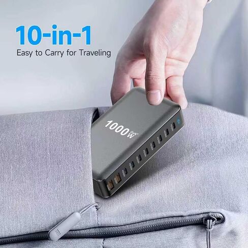Famous Tech Shop 1000W GaN 10-Port USB-C Charging Station with 240W Cable, Fast Desktop Charger for Laptops, Tablets, Phones, Gaming Consoles in Kuwait