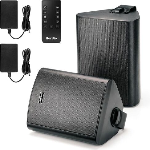 Herdio 5.25" 300W Outdoor Bluetooth Speakers, IPX5 Waterproof Rating and Be Able to Wireless Multi-Connection Up to 20 Units for Patio/Porch/Balcony (Black, 2-Pack) in Kuwait