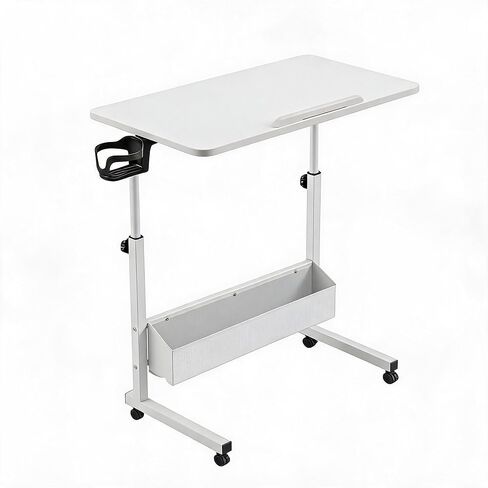 Adjustable Rolling Laptop Desk - Folding TV Tray Table for Couch Eating, Height Adjustable Tilt-Top Desk with Wheels & Storage Shelves for Home Office Living Room Bedroom - White in Kuwait