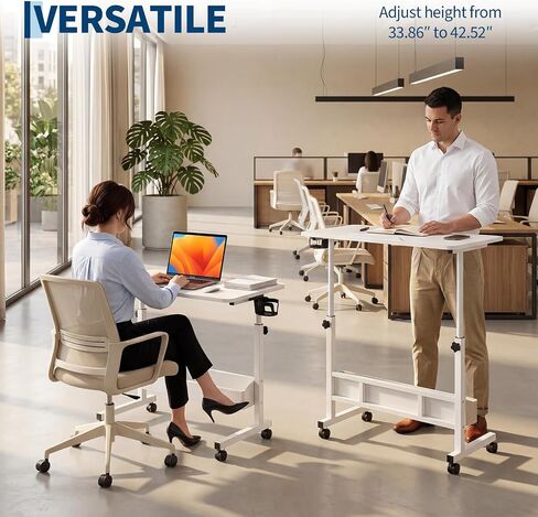 Adjustable Rolling Laptop Desk - Folding TV Tray Table for Couch Eating, Height Adjustable Tilt-Top Desk with Wheels & Storage Shelves for Home Office Living Room Bedroom - White in Kuwait