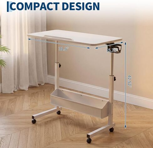 Adjustable Rolling Laptop Desk - Folding TV Tray Table for Couch Eating, Height Adjustable Tilt-Top Desk with Wheels & Storage Shelves for Home Office Living Room Bedroom - White in Kuwait