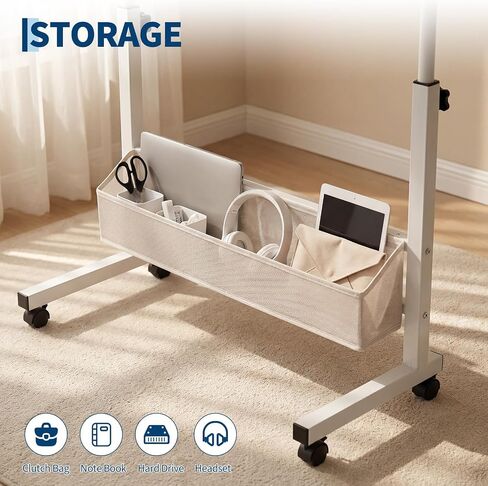 Adjustable Rolling Laptop Desk - Folding TV Tray Table for Couch Eating, Height Adjustable Tilt-Top Desk with Wheels & Storage Shelves for Home Office Living Room Bedroom - White in Kuwait