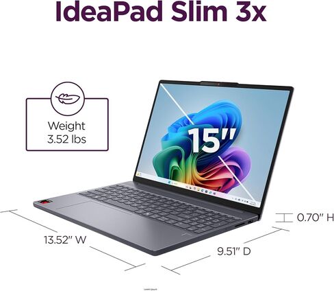 Lenovo IdeaPad Slim 3X 15.3 WUXGA Laptop AI Snapdragon X X1-26-100 16GB LPDDR5X RAM 512GB SSD Qualcomm Adreno Graphics Windows 11 Copilot+ PC Wi-Fi 7 Luna Grey in Kuwait
