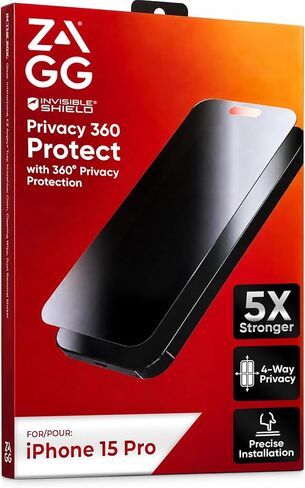 ZAGG Elite Privacy 360 Glass Screen Protector for iPhone 15 Pro - 5X Ultra Strong Tempered Glass, 4-Way Privacy Filter, Scratch Protection, Anti-Smudge, Easy to Install, InvisibleShield in Kuwait