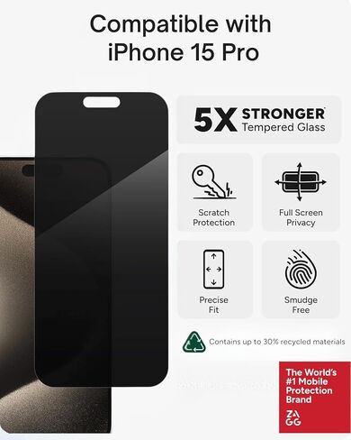 ZAGG Elite Privacy 360 Glass Screen Protector for iPhone 15 Pro - 5X Ultra Strong Tempered Glass, 4-Way Privacy Filter, Scratch Protection, Anti-Smudge, Easy to Install, InvisibleShield in Kuwait
