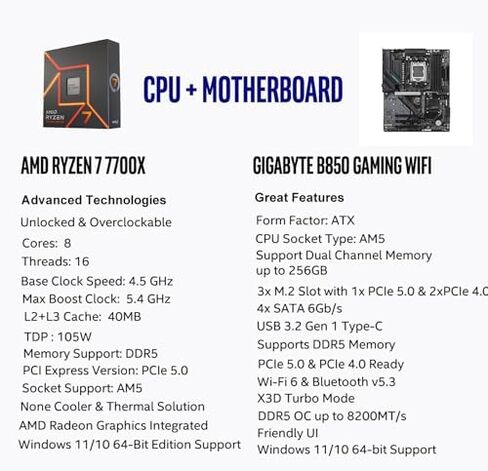 Micro Center CPU Motherboard Memory Combo: AMD Ryzen 7 7700X CPU Processor + GIGABYTE B850 Gaming Motherboard + KLEVV Urbane V RGB DDR5 32GB 6000MHz CL30 Ram Memory White in Kuwait