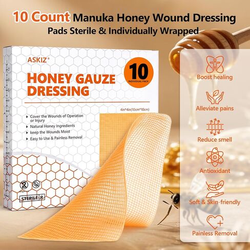 10 Pack Honey Wound Dressing,4'' x 4''Manuka Honey Gauze Dressing,Non-Stick in Kuwait