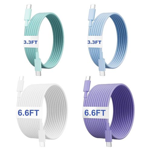 USB C to USB C Cable,Fast Charging Braided Cable,4 Pack C to C Cable Charging 60W Cord Suitable for iPhone 17 16 15 Pro Max/Plus/iPad/MacBook/Galaxy S25Ultra(6.6/6.6/3.3/3.3FT,Green/Blue/White/Purple) in Kuwait