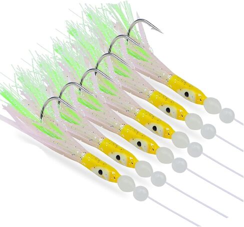 6pcs Glow-in-the-Dark Squid Fishing Lures, Artificial Soft Baits with Silicone Tentacles, Saltwater Bait Rigs with Sharp Barbed Hooks & Swivels for Bass Mackerel Snapper in Kuwait