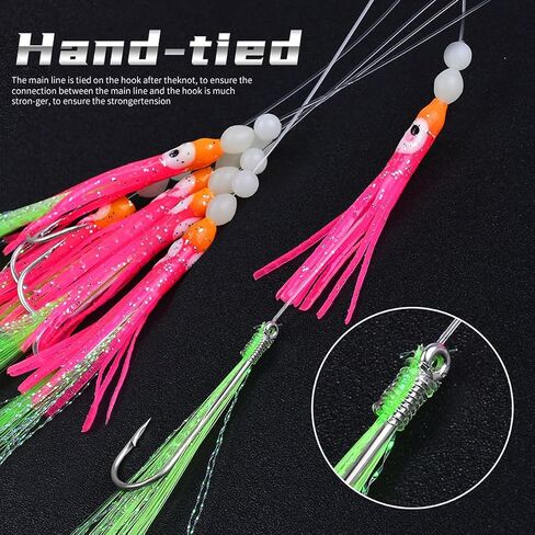 6pcs Glow-in-the-Dark Squid Fishing Lures, Artificial Soft Baits with Silicone Tentacles, Saltwater Bait Rigs with Sharp Barbed Hooks & Swivels for Bass Mackerel Snapper in Kuwait